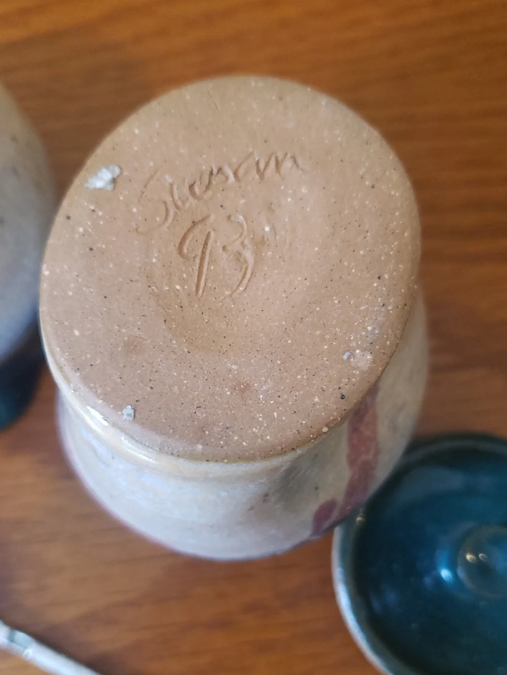 Vtg Handcrafted Stoneware Creamer and Sugar Jar With Spoon - Teal and Cream